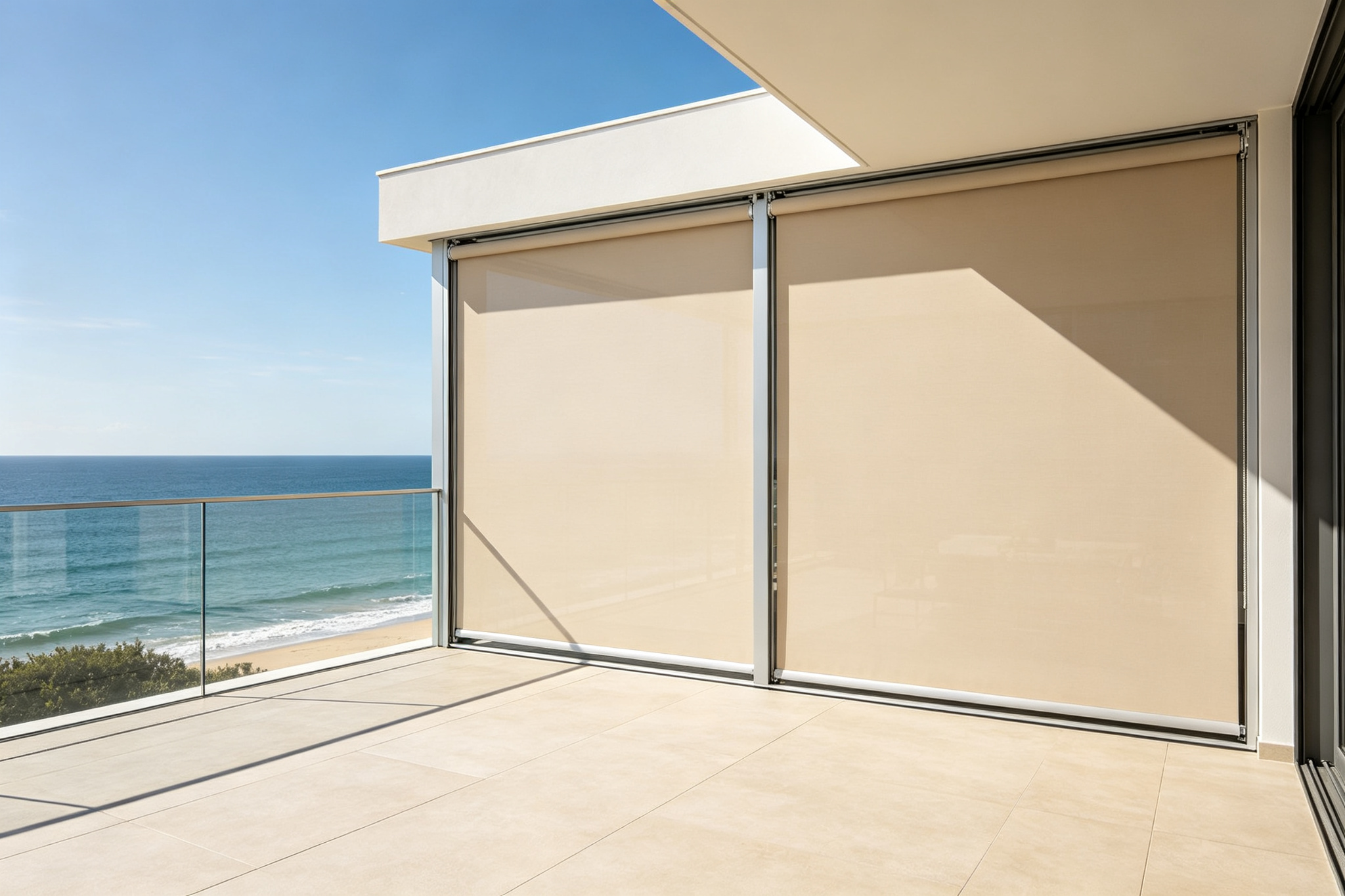 Windproof roller blinds on a coastal terrace
