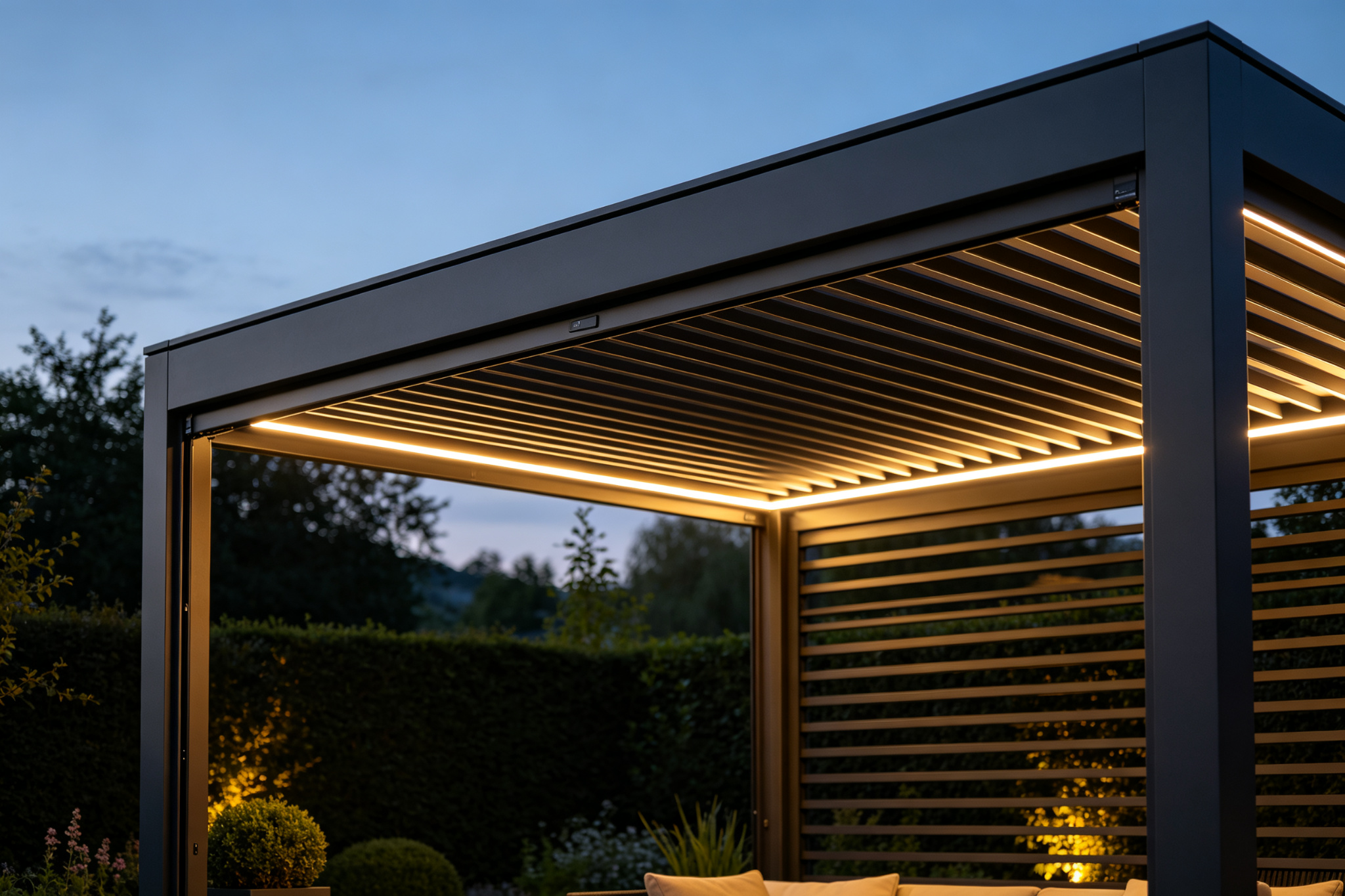 Smart gazebo with motorized louvers and LED lighting
